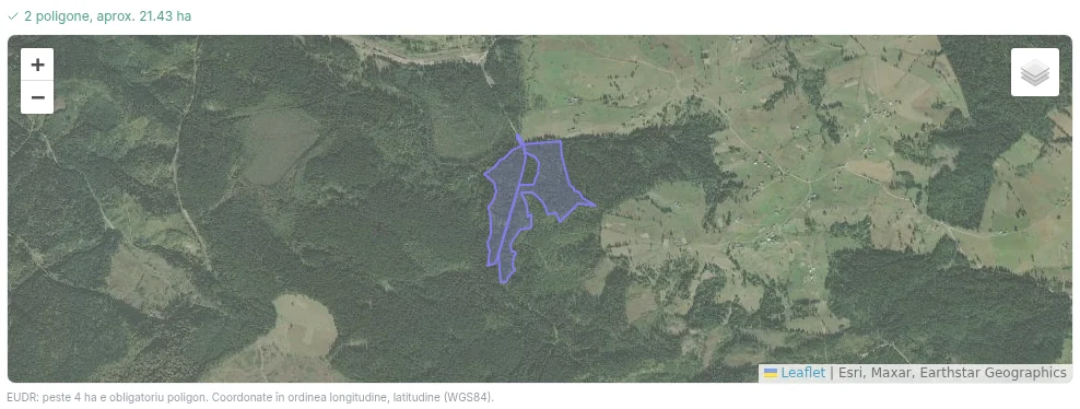 Hartă satelit în platforma Sustainability Today cu poligoanele GeoJSON a două u.a. dintr-un APV, aproximativ 21,43 ha, în coordonate WGS 84